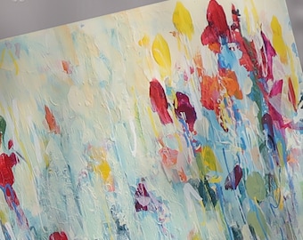 Original Abstract Floral Painting: Colorful Autumn Garden, Mixed Media Art