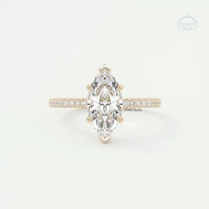 2 Carat Marquise Lab Diamond Engagement Ring | Hidden Halo Pavé Setting | 14K Gold | Unique Vintage Style | Dainty Bridal Ring