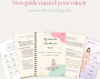 May include: A collection of PDF documents with the title "Mon guide naturel pour mincir" in pink text. The documents include text and illustrations related to weight loss and healthy eating. The main document is spiral-bound.