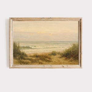 Coastal Seaside Beach Landscape Wall Art – Neutral Ocean Painting Print with Dunes and Waves