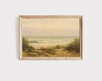 Coastal Seaside Beach Landscape Wall Art – Neutral Ocean Painting Print with Dunes and Waves