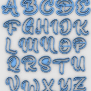 May include: A full alphabet set of blue plastic cookie cutters in a cursive font. The letters are arranged in rows, with each letter clearly defined. The cutters are designed for baking and crafting projects.