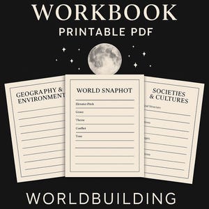 Puede incluir: El Evie Workbook, un PDF imprimible, presenta tres hojas de trabajo para la construcción de mundos. Las hojas de trabajo cubren Geografía y Medio Ambiente, Instantánea del mundo y Sociedades y Culturas. Incluye el texto "Worldbuilding Edition for Developing Fictional Worlds".