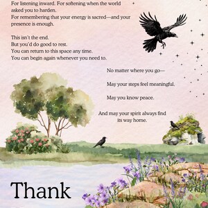 Może przedstawiać: Wydruk akwarelowy z tekstem "You Were Always the Magic" i "Thank You". Obraz przedstawia spokojny krajobraz z drzewami, kwiatami, rzeką i wronami. Tło jest w delikatnym r&oacute;żu z gwiazdami.