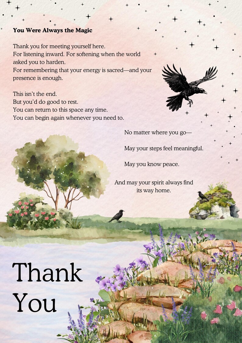 Może przedstawiać: Wydruk akwarelowy z tekstem "You Were Always the Magic" i "Thank You". Obraz przedstawia spokojny krajobraz z drzewami, kwiatami, rzeką i wronami. Tło jest w delikatnym r&oacute;żu z gwiazdami.