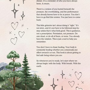 Może przedstawiać: Ilustracja akwarelowa z tekstem "Love Note from Me to You". Obraz przedstawia drzewa, g&oacute;ry, gwiazdy i serca. Tekst jest przypomnieniem o samoakceptacji i wewnętrznym spokoju.