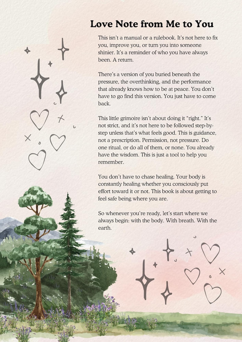 Może przedstawiać: Ilustracja akwarelowa z tekstem "Love Note from Me to You". Obraz przedstawia drzewa, g&oacute;ry, gwiazdy i serca. Tekst jest przypomnieniem o samoakceptacji i wewnętrznym spokoju.