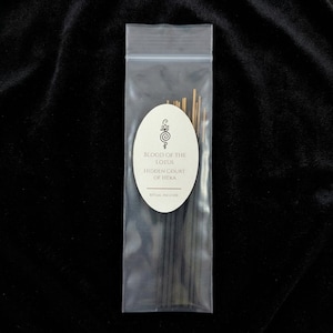 May include: A clear plastic bag containing incense sticks. The bag has a white oval label with the text "BLOOD OF THE LOTUS HIDDEN COURT OF HEKA RITUAL INCENSE" in black. The incense sticks are a light brown color.