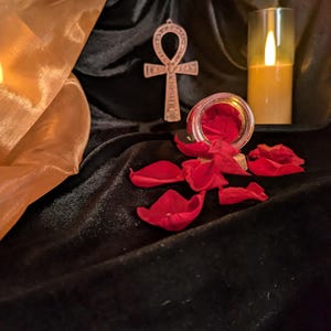 May include: A still life arrangement featuring a silver ankh pendant, a small glass jar with spilled red rose petals, and a lit candle in a glass holder. The scene is set against a backdrop of black velvet and gold fabric.