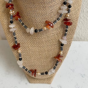 Vintage 36 Inch Rope Necklace of Black Onyx, Carnelian Chips, Cultured ...