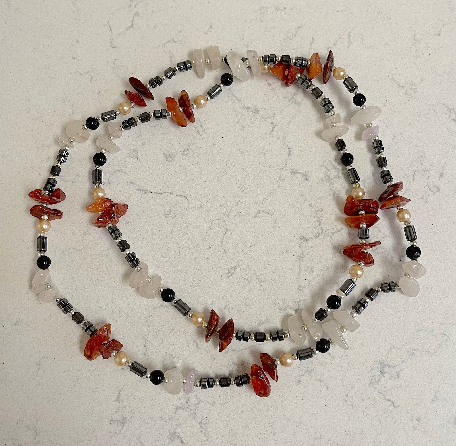Vintage 36 Inch Rope Necklace of Black Onyx, Carnelian Chips, Cultured ...