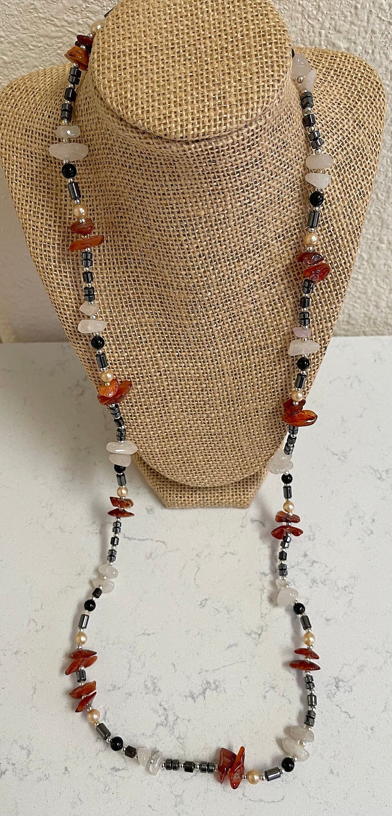 Vintage 36 Inch Rope Necklace of Black Onyx, Carnelian Chips, Cultured ...
