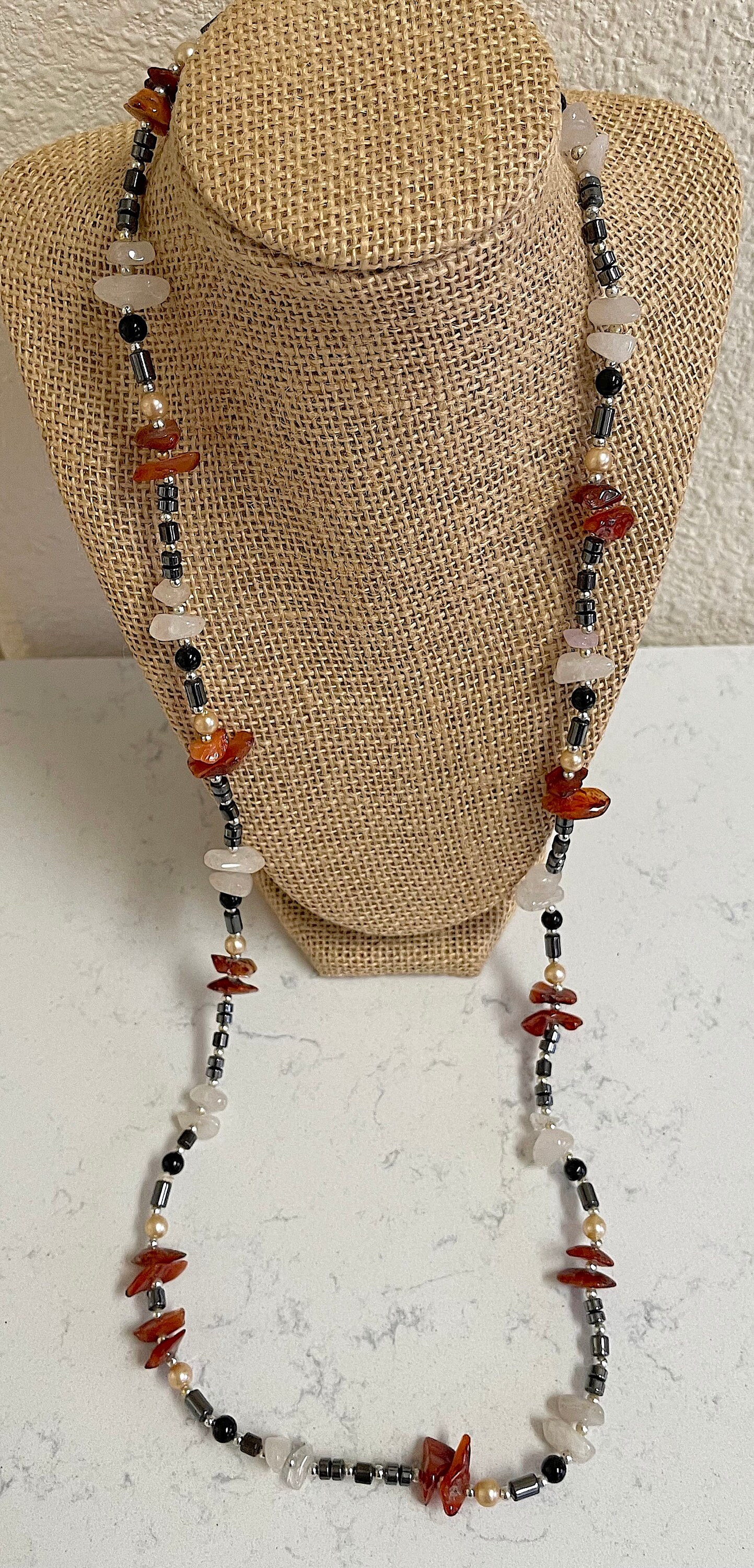 Vintage 36 Inch Rope Necklace of Black Onyx, Carnelian Chips, Cultured ...