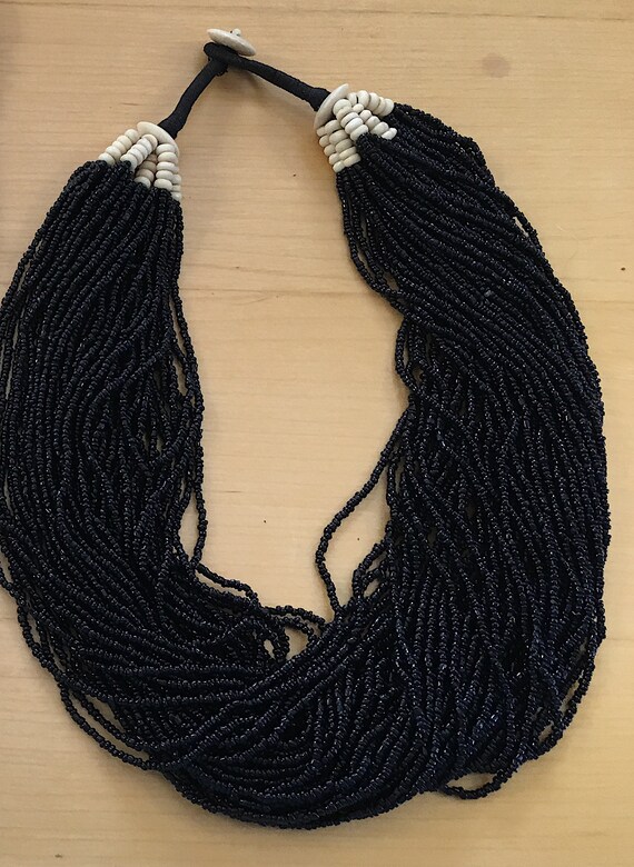 50 Strand Black Glass Beaded Vintage necklace, Sq… - image 4