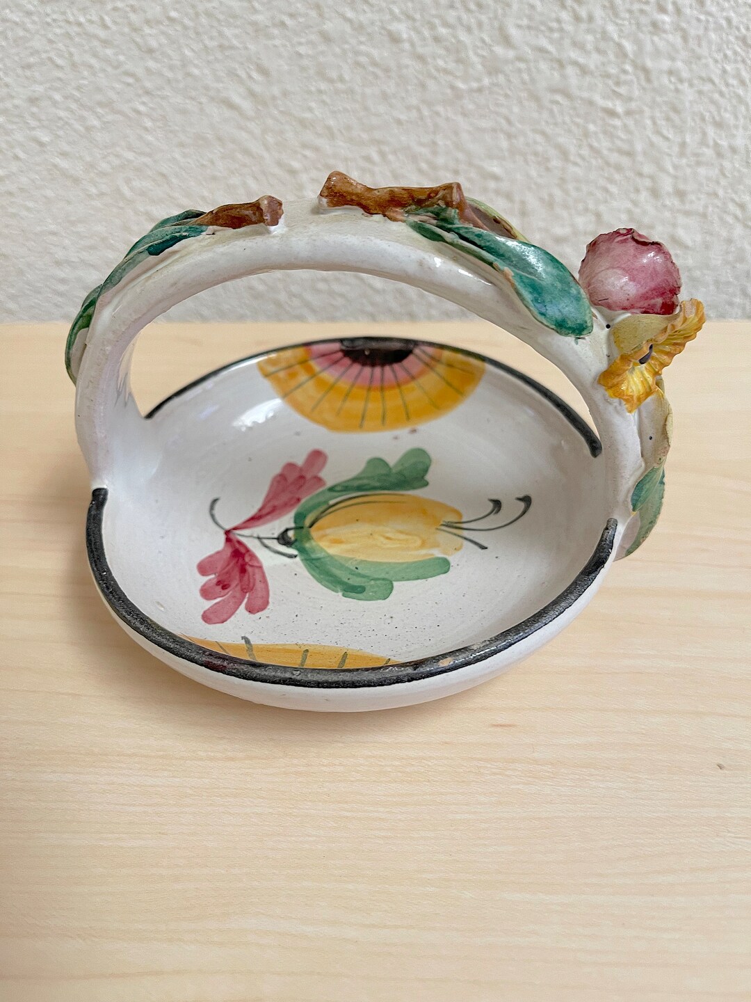 Vintage Signed Italian Candy Dish of Hand Painted Ceramic Flower Design