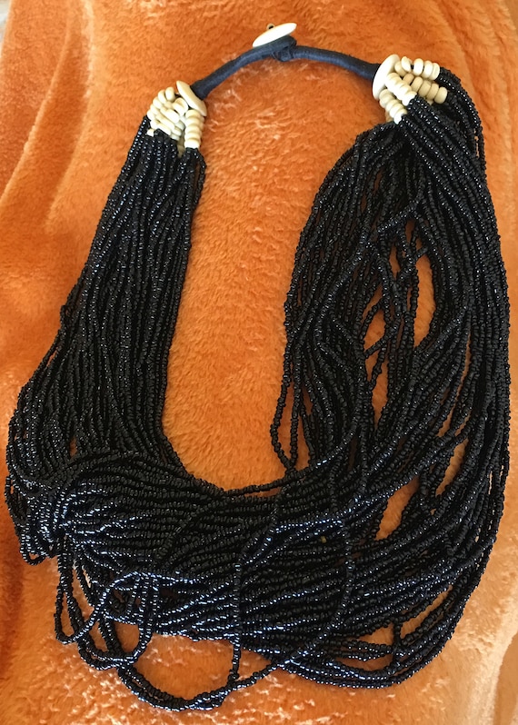 50 Strand Black Glass Beaded Vintage necklace, Sq… - image 2