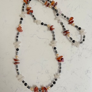 Vintage 36 Inch Rope Necklace of Black Onyx, Carnelian Chips, Cultured ...