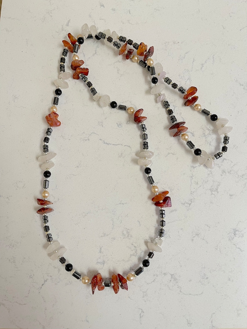 Vintage 36 Inch Rope Necklace of Black Onyx, Carnelian Chips, Cultured ...