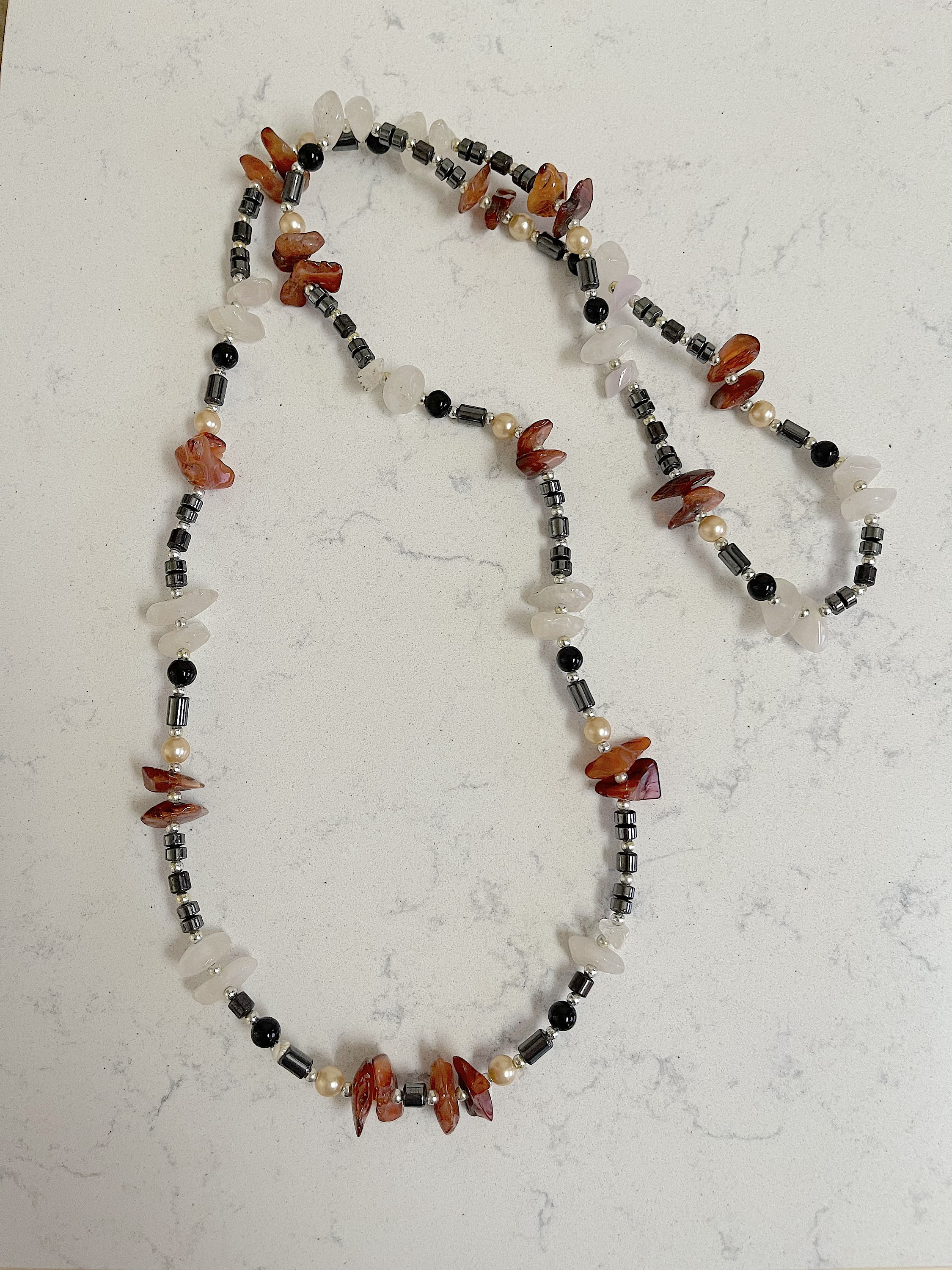Vintage 36 Inch Rope Necklace of Black Onyx, Carnelian Chips, Cultured ...