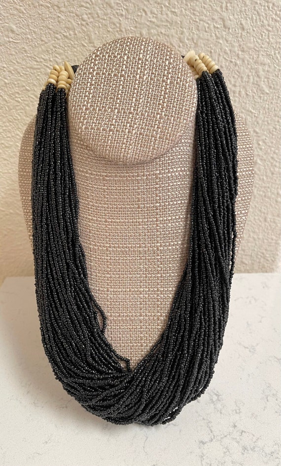 50 Strand Black Glass Beaded Vintage necklace, Sq… - image 1