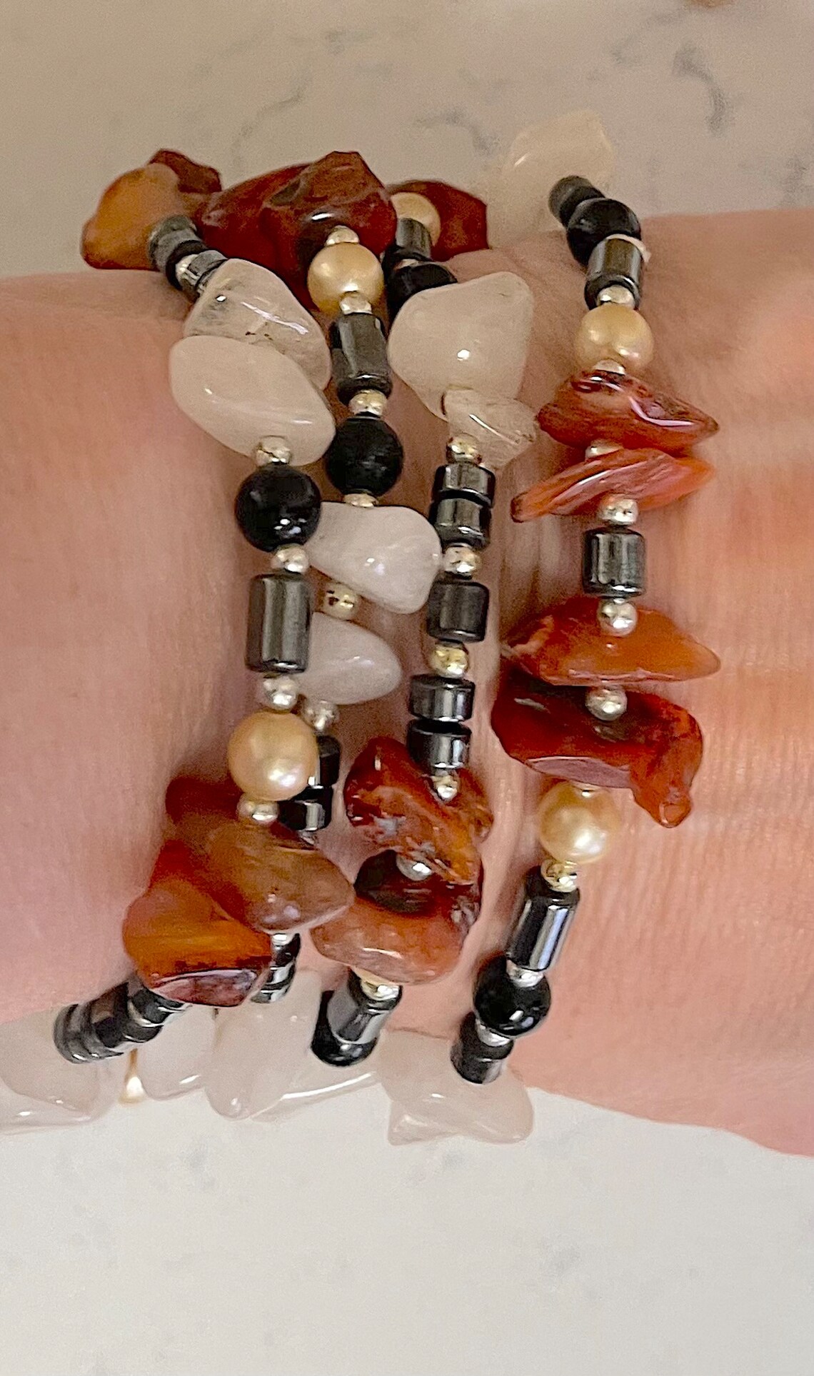 Vintage 36 Inch Rope Necklace of Black Onyx, Carnelian Chips, Cultured ...