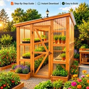 Puede incluir: Un invernadero de madera con techo inclinado y paneles translúcidos, con una puerta central y estantes interiores llenos de plantas en macetas. El texto superior dice Step-By-Step Guide, Instant Download y Easy to Build.