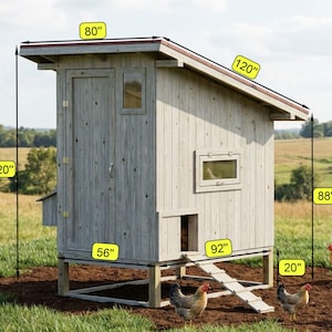 May include: A wooden chicken coop with a pitched roof, door, and window. The coop is 120 inches tall, 80 inches wide, and 92 inches deep. Chickens are in front of the coop. The coop has a ramp and is elevated on wooden posts.