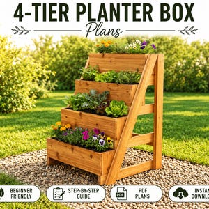 May include: A four-tier wooden planter box with a stepped design, filled with various green plants and colorful flowers. The text 4-TIER PLANTER BOX Plans is displayed above, with icons for beginner friendly, step-by-step guide, PDF plans, and instant download.