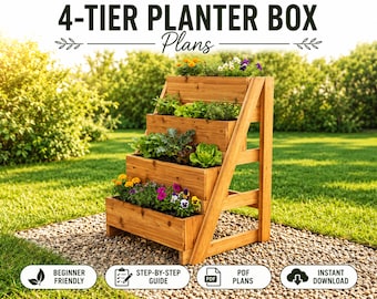 Planos para construir una jardinera vertical de 4 niveles: Guía de construcción en PDF para jardín en balcón (Descarga digital)