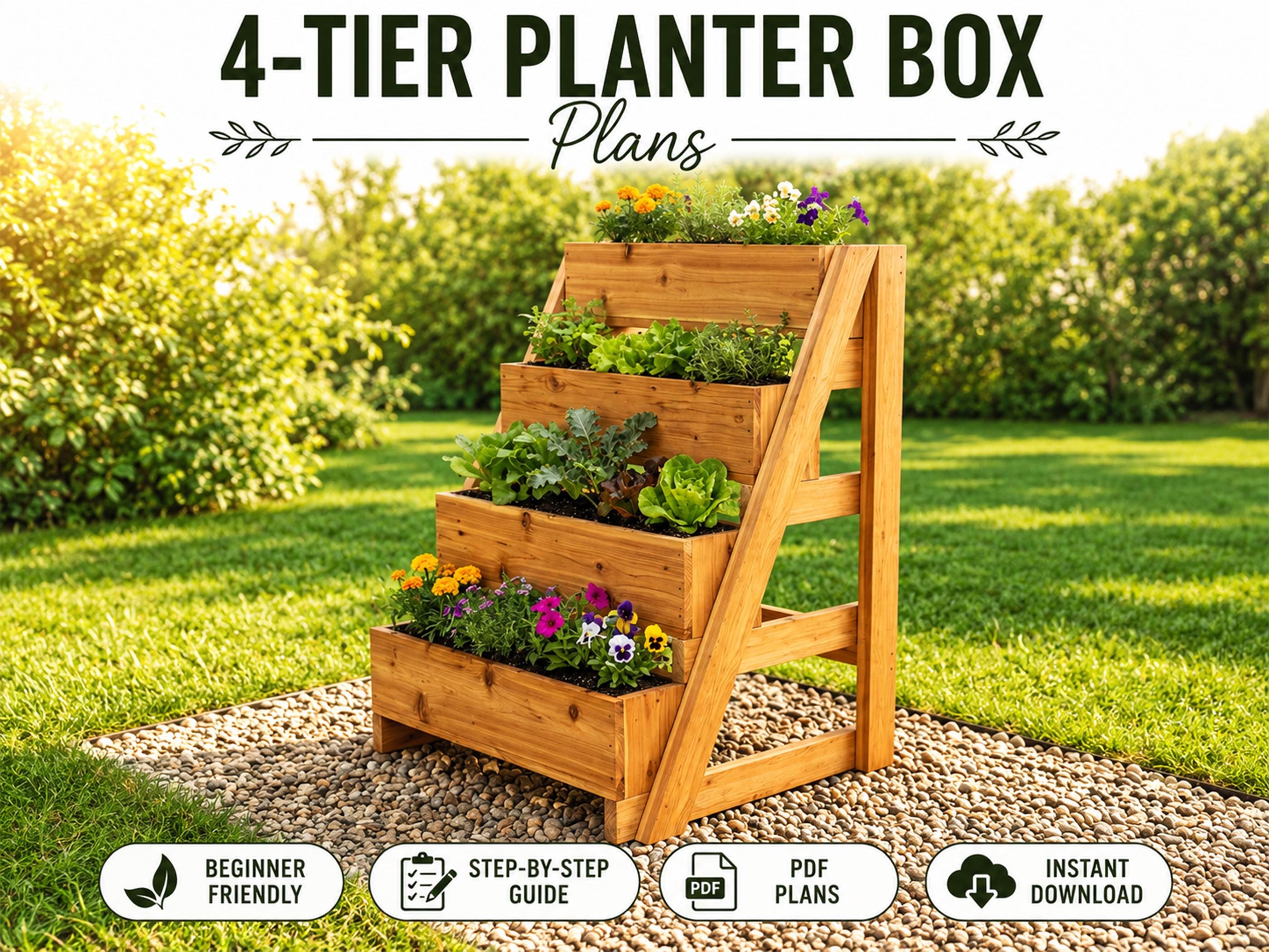 DIY 4-tier Vertical Planter Box Plans: Balcony Garden PDF Build