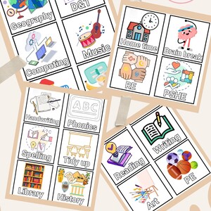 May include: A colorful classroom timetable with various subjects like Geography, Music, and Reading. Each subject is represented by a corresponding illustration. The text "Editable Classroom Timetable" is at the bottom.