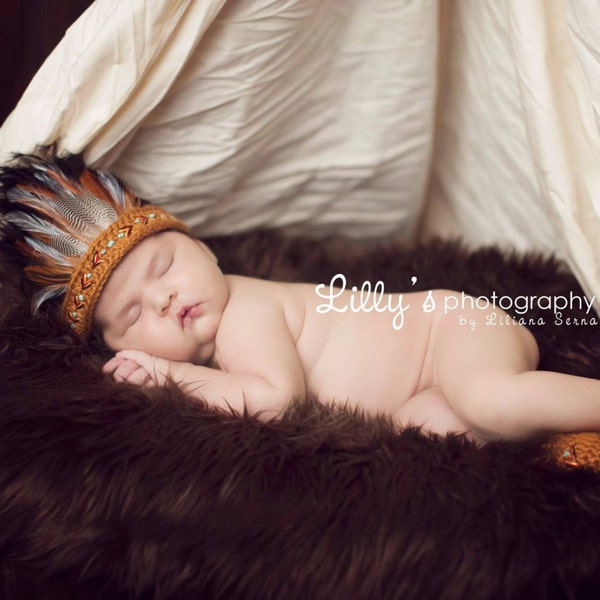 Newborn Indian Headdress and Moccasin Set - Photo Prop - Native American Headband and Booties