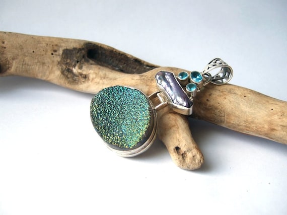 Titanium Drusy, Pearl and  Silver Pendant - Destash