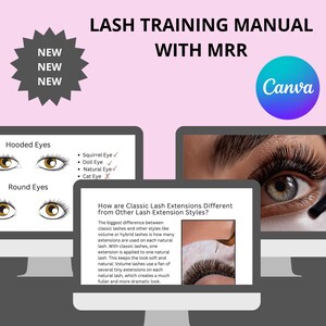 以下が含まれることがあります： 「LASH TRAINING MANUAL WITH MRR」のテキストと「NEW」のラベルが付いたピンク色のグラフィック。画像には、まつげエクステに関する情報、目の形、まつげエクステをした目のクローズアップが表示されたコンピューター画面が含まれています。Canvaのロゴが表示されています。