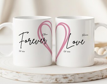 Personalized Couples Mug Set, Custom Forever Love Coffee Mugs, Hubby Wifey His and Hers Cups, Wedding Engagement Anniversary Newlywed Gift