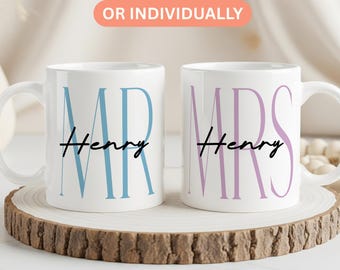 Personalized Mr & Mrs Mugs, Wedding Gift for Bride and Groom, Custom Anniversary Gift, Hubby Wifey Couple Coffee Mug Set, Engagement Gift