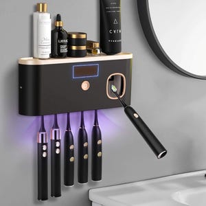 s für Badezimmer, UV-Zahnbürsten-Desinfizierer an der Wand befestigt mit Zahnpastaspender, Tablett mit großer Kapazität, Zahnbürstenhalter und Badezimmerzubehör