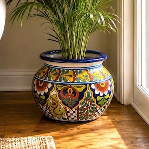 May include: A vibrant green palm plant with long, slender, arching fronds potted in a round ceramic planter. The planter features a colorful, intricate hand-painted pattern with floral and geometric motifs in shades of blue, yellow, red, and green.
