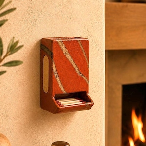 Signed Studio Pottery Match Holder 1984 Rust Orange Ceramic Fireplace Decor