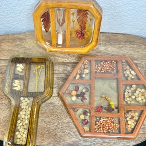 May include: Three decorative resin trays with wooden frames. One octagonal tray contains a small hourglass and dried leaves. A paddle-shaped tray holds various seeds and yellow stems. A hexagonal tray features assorted seeds and a ladybug.