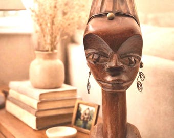 Vintage Hand Carved Wooden Woman Bust | African Folk Art Sculpture 10”