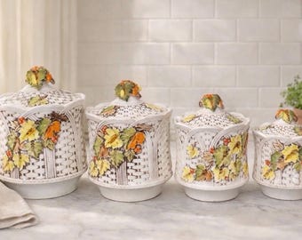 Vintage Lefton Basketweave Autumn Leaves Canister Set Japan MCM Kitchen 4 Pc