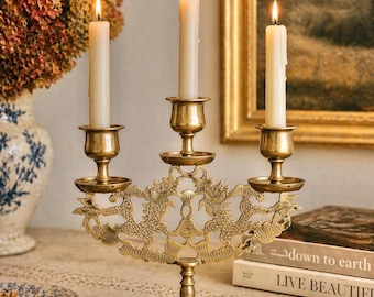 Vintage Brass 3-Arm Candelabra • Hand-Cut Dragon Design • 8” Ornate Taper Holder