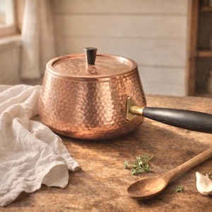 Vintage Hammered Copper Saucepan with Lid, Black Handle, Rustic Farmhouse Decor