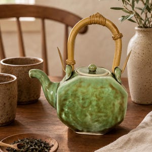 May include: A hexagonal ceramic teapot with a glossy green glaze featuring brown mottled accents. The teapot has a curved spout, a small lid with a knob, and a tall, arched handle made of light-colored bamboo with woven detailing at the base.