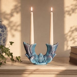 Vintage La Mirada Pottery Double Candlestick Holder Blue Lavender Glaze MCM California Art Pottery