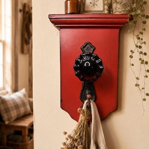 May include: A red wall-mounted shelf with a black decorative hook. A small framed picture, a candle, and a potted plant sit on the shelf. A bundle of dried flowers and a linen cloth hang from the hook. The wall is painted a cream color.