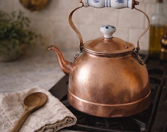 Vintage Copper Tea Kettle Porcelain Handle Blue White Rustic Kitchen Decor Cottage Style