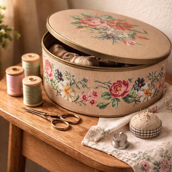 Vintage Guildcraft Floral Tin Sewing Box Needlepoint Style 10” Round Storage