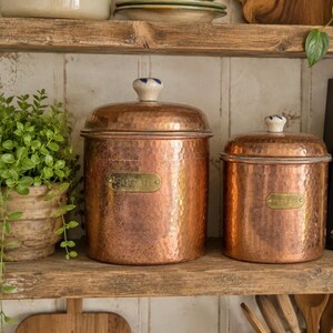 Vintage Hammered Copper Canisters Set of 2:  Coffee and Sugar with Porcelain Knobs